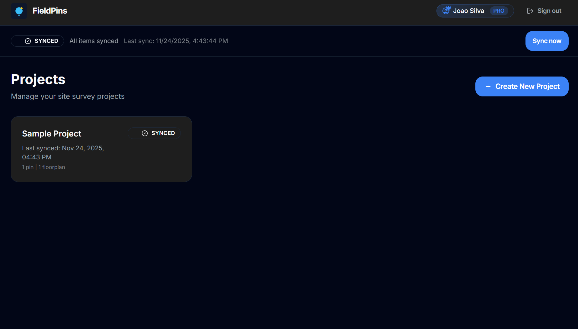 FieldPins projects dashboard